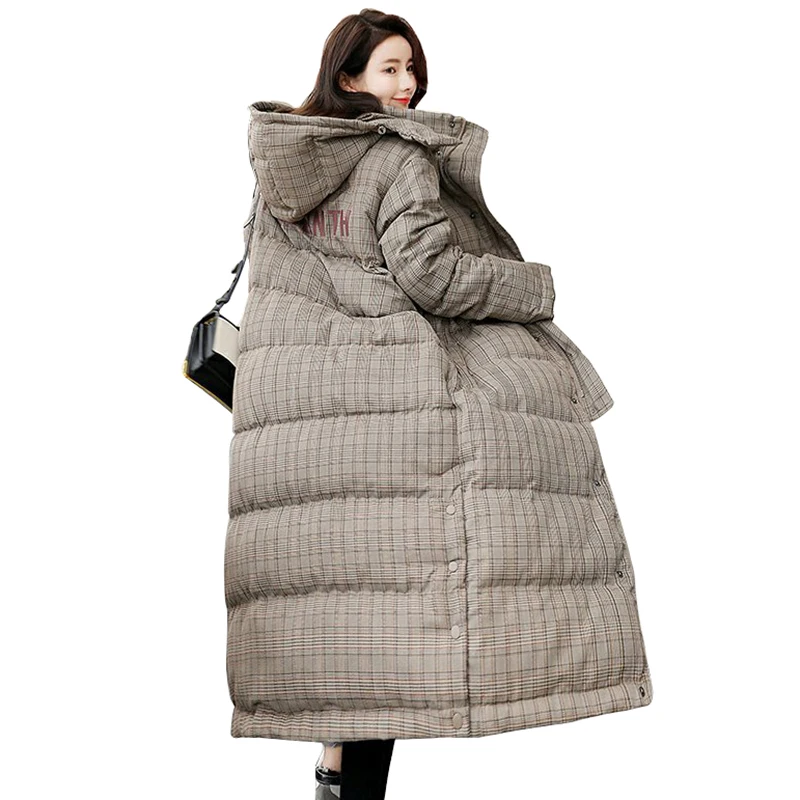 Women Long Plaid Winter Coat 2018 Fashion Hooded Thick Parka With Scarf Casual Outwear Warm Padded Jacket Plus Size S-XXL PJ263