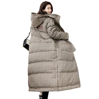 women long plaid winter coat 2018 fashion hooded thick parka with scarf casual outwear warm padded jacket plus size s xxl pj263