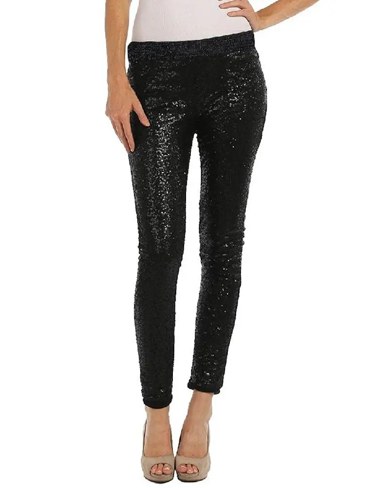 mrwonder Women Leggings Solid Black Color Shiny Sequin Stretch Skinny Legging Pant | Женская одежда
