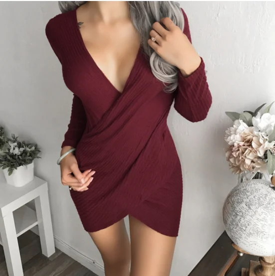 Winter bottoming sweater dress women's thin pullover knit ladies deep V sexy | Женская одежда