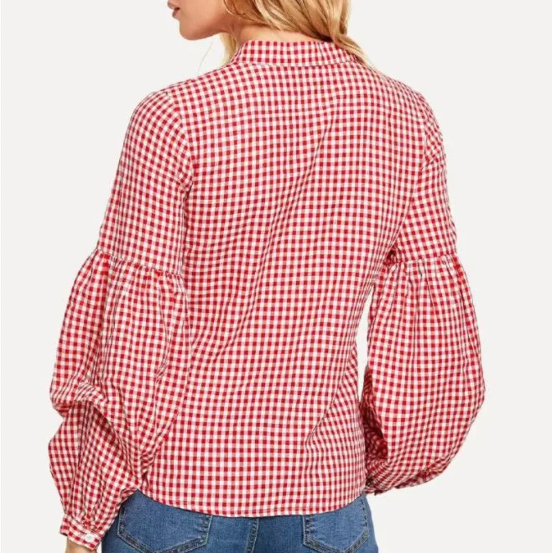 DEAT 2020 Fashion New V-neck Plaid Lantern Sleeve Women Shirt Casual Hot Sale Trendy Spring Tide Blouse Clothes BE671 | Женская одежда