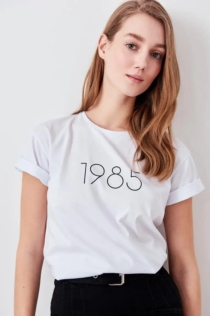 Trendyol белые Базовые Трикотажные футболки с принтом TWOSS19DU0108|Футболки| |