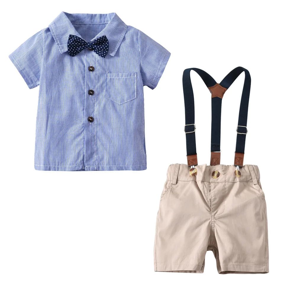3pcs Baby Boys Clothing Set Short Sleeves Blue Stripes Romper/T-shirt+Bow Tie+Suspenders Pants Cotton 6-24M |
