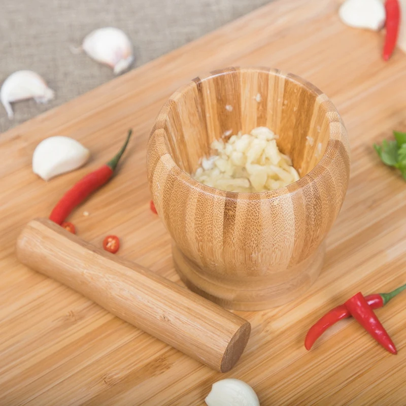 Pestle Grinding Bowl Set Bamboo Mortar And Pedestal Garlic Pot Spice Pepper Mill Tools Kitchen | Дом и сад