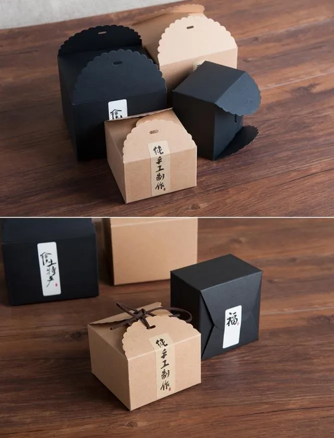20 шт./лот 9x9x6/12x12x9 см черно-коричневые квадратные коробки для печенья из крафтовой