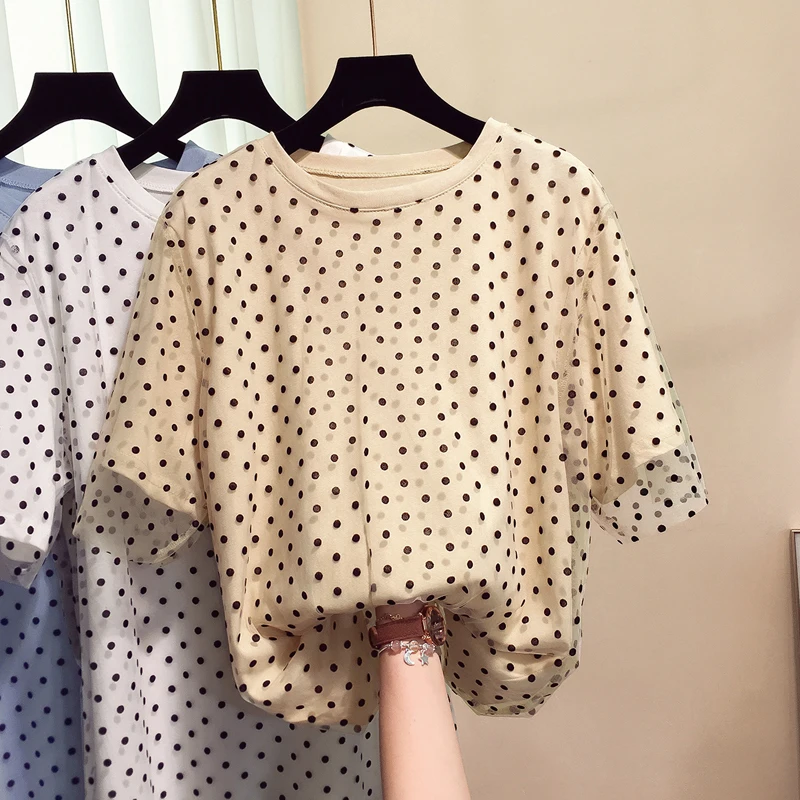 Женская футболка с круглым вырезом Tumblr Rushed Kpop свободная Сетчатая в горошек