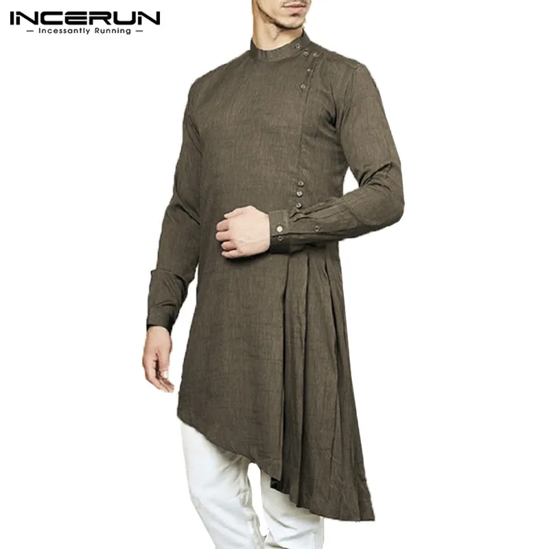 

Men Shirt Indian Clothing Solid Color Long Sleeve Cotton Casual Tops Men Islamic Muslim Arab Kaftan Men Long Shirt 3XL INCERUN