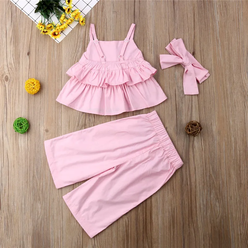 1-6T Kid Baby Girls Stripe Clothes Set Summer Cute Newborn Girl Tops Sleeveless Ruffle Pants Leggings Headband 3PCS Outfits | Детская