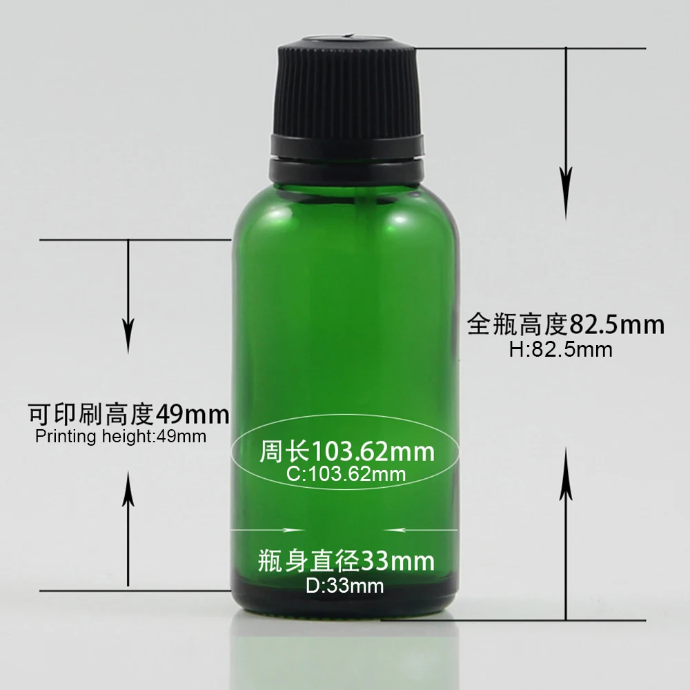 Green Glass bottle 1 0z essential oil makeup dropper bottle with black screw cap and stopper