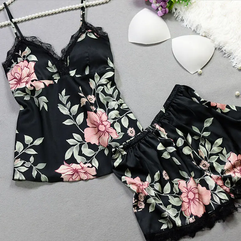 THEFOUND Модные женские атласные кружева печати рукавов пижамы Babydoll белье Ночное
