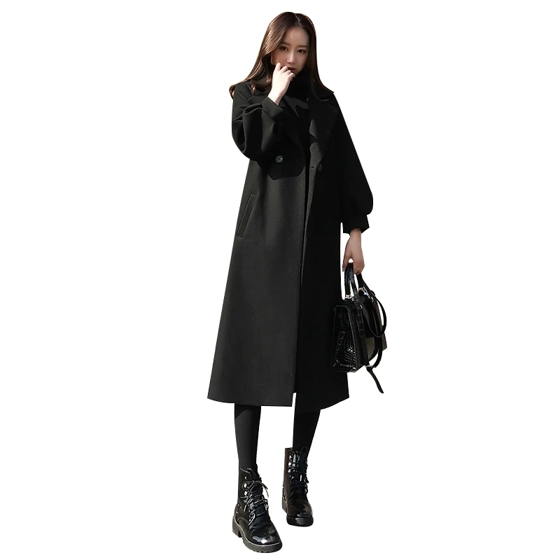 Женское шерстяное пальто с поясом красное Свободное длинное длинными рукавами и