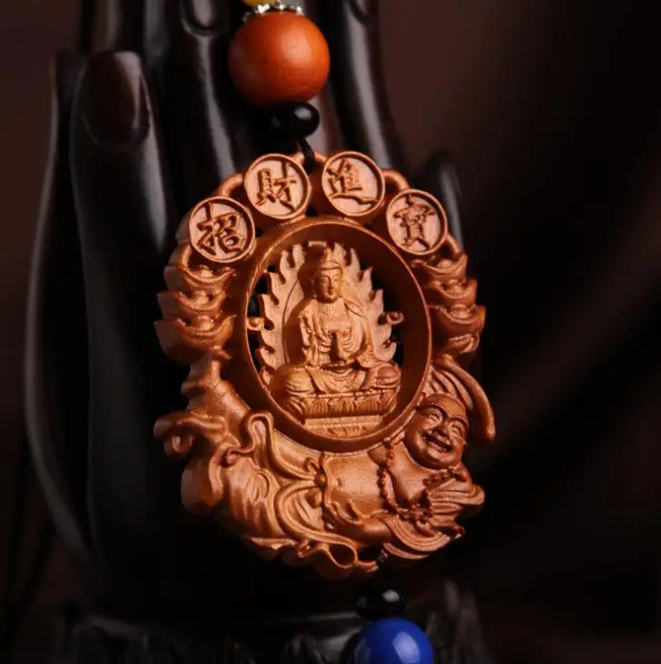 Китайский персиковый деревянный резной Yuan Bao Guan Yin Kwan yin Bodhisattva Maitreya статуя Будды
