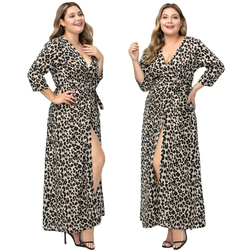 Женское богемное длинное пляжное платье с леопардовым принтом глубоким