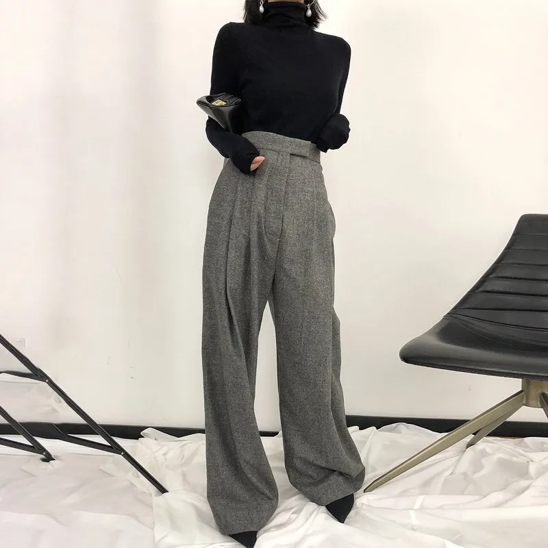 Женские широкие брюки TWOTWINSTYLE черные длинные шерстяные с высокой талией в