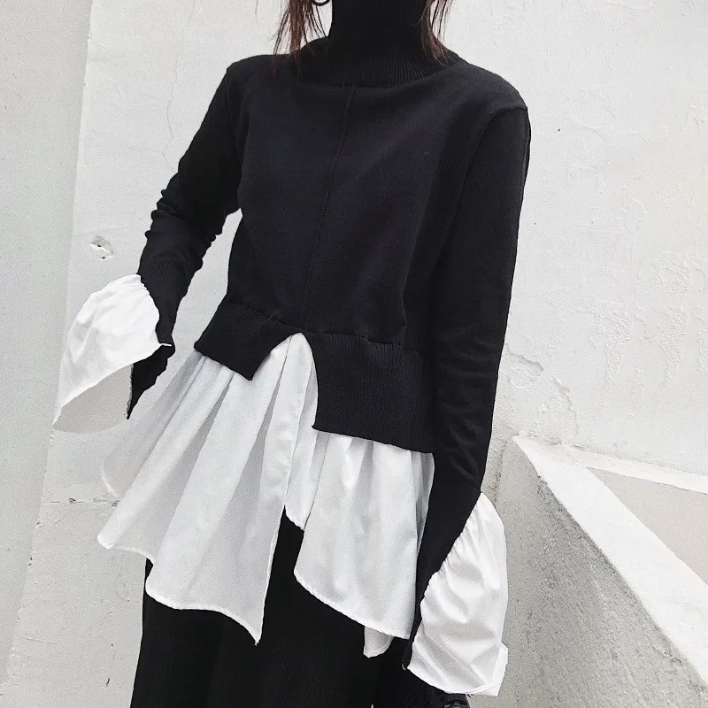 TWOTWINSTYLE Irregular Flare Sleeve Pullover Top Female Turtleneck Patchwork Knitting Sweater Women Korean Fashion 2019 Autumn | Женская