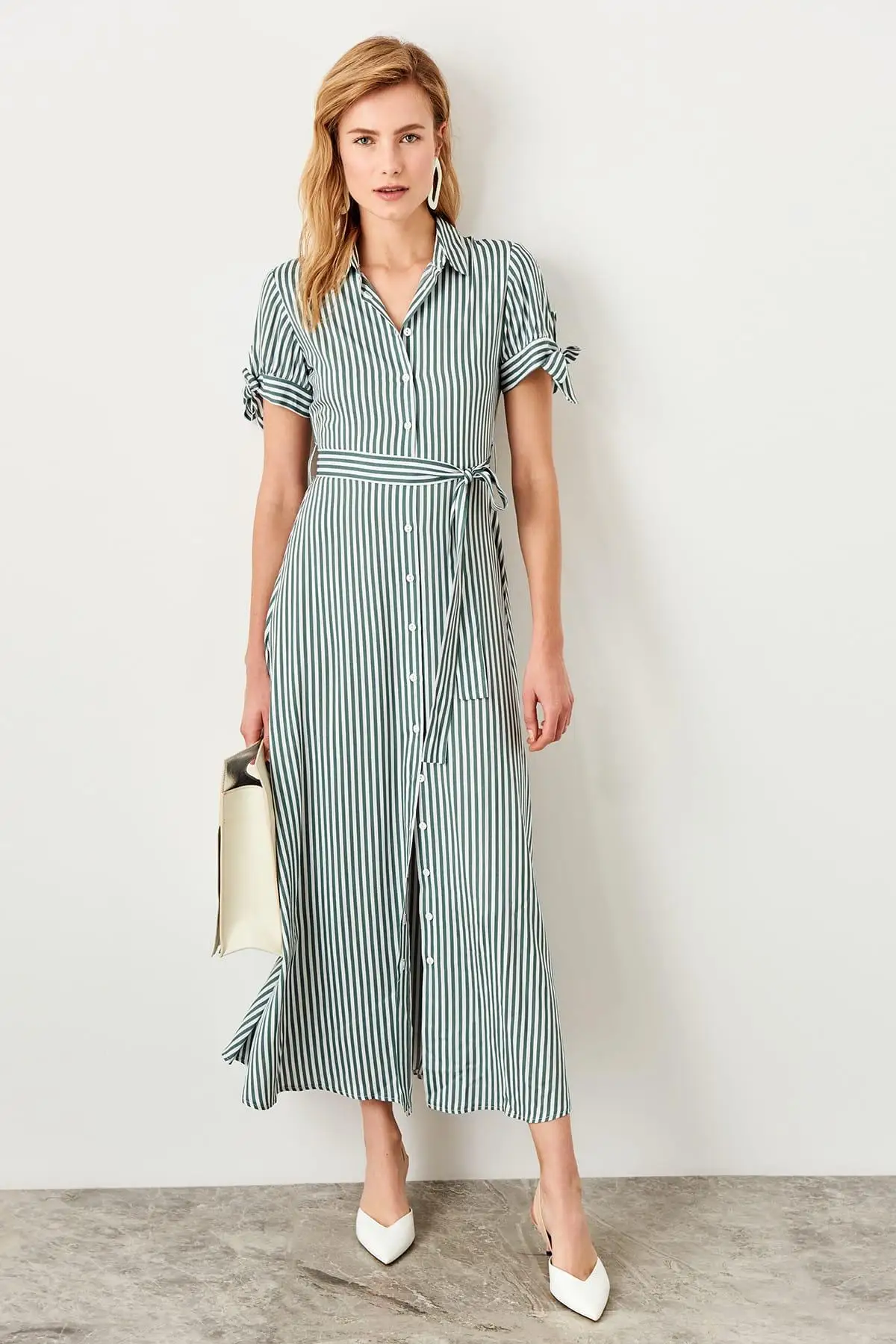 Trendyol платье в полоску с зеленым ремнем TWOSS19ST0093|Женские платья| |