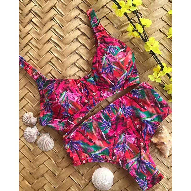 Высокая талия Купальник Плюс Размеры купальники Для женщин бикини в винтажном
