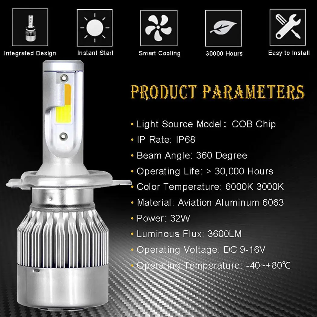 2 шт./компл. 9003 H4 авто 3600LM белый и желтый COB светодиодный Plug and Play IP68 автомобильный