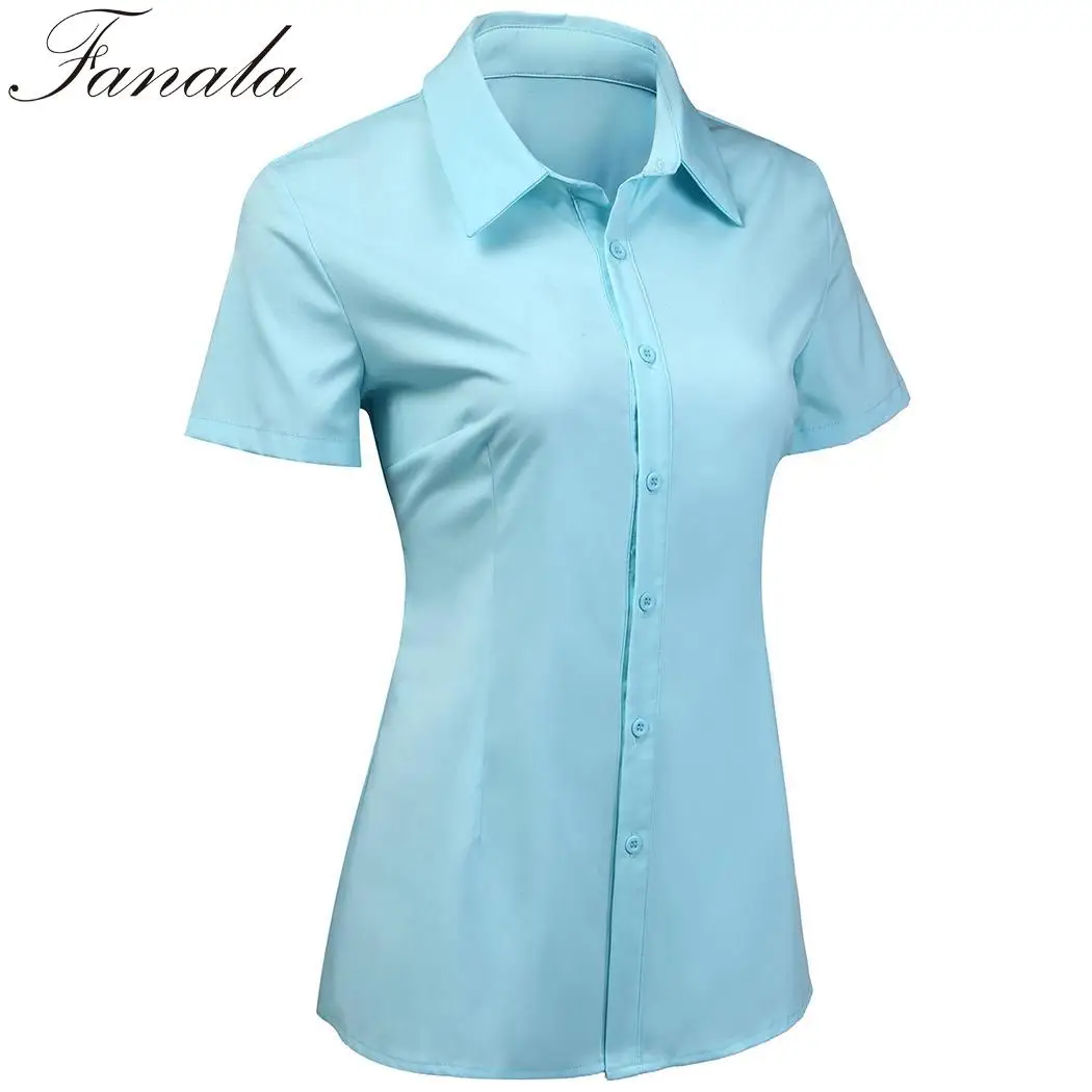 FANALA Women Chiffon Blouse Blusas Tailored Short Sleeve Button Down Solid Summer Notched Collared Office Shirt Shirts |