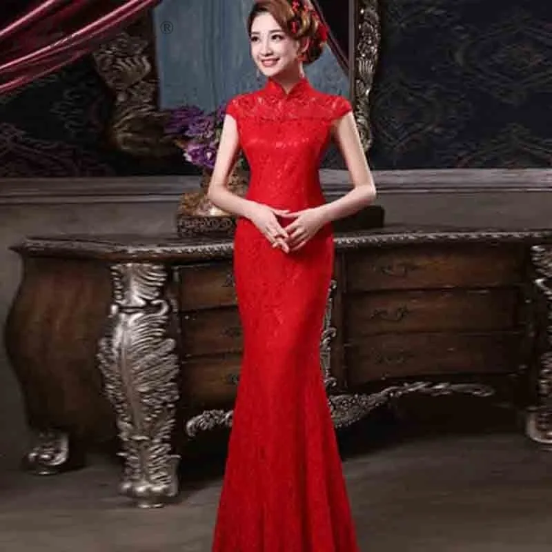 Spring Red Long Cheongsam China Bride Lace Qi Pao Women Chinese Traditional Wedding Dress Qipao Robe Orientale Evening Dresses |