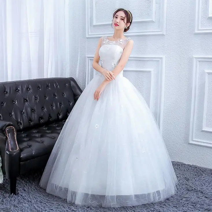 LASONCE Lace Flowers Appliques Ball Gown Wedding Dresses Illusion Crystal O Neck Sequined Backless Bridal Dress | Свадьбы и
