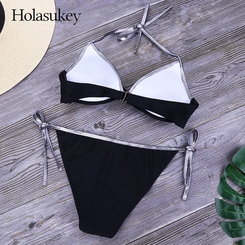 Женский комплект бикини пуш-ап однотонный бандажный купальник с низкой талией