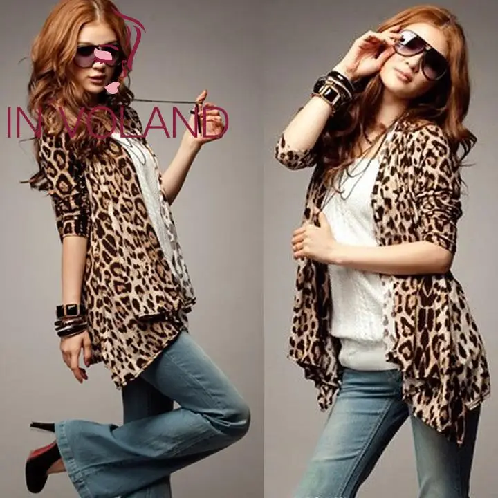 Женская леопардовая блуза Повседневный тонкий нерегулярный кардиган рубашка