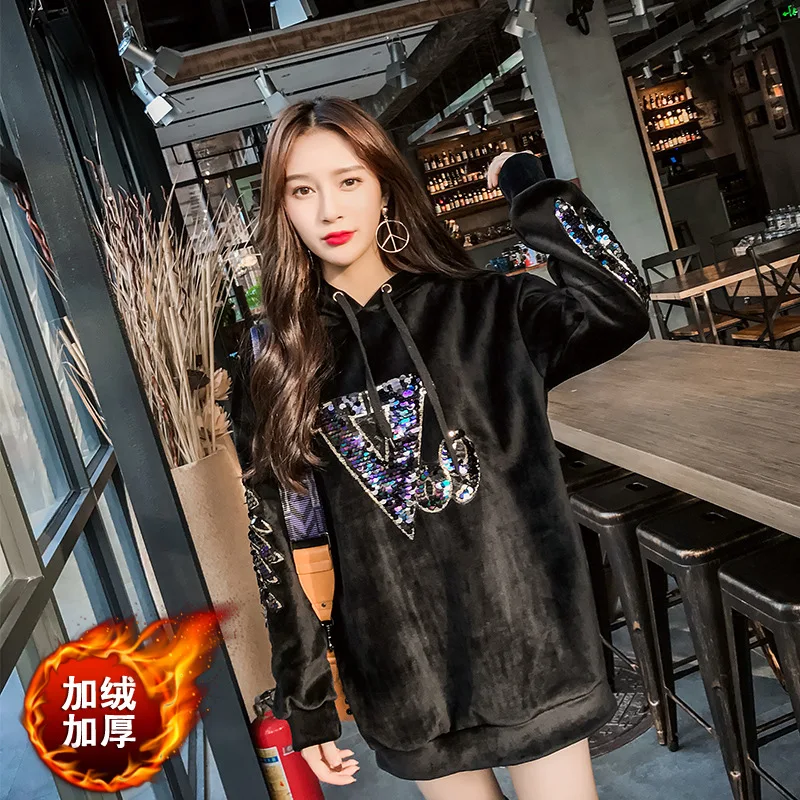 2018 winter hooded sweatershirt women plus velvet thick sequin embroidery loose long-sleeved tops female | Женская одежда