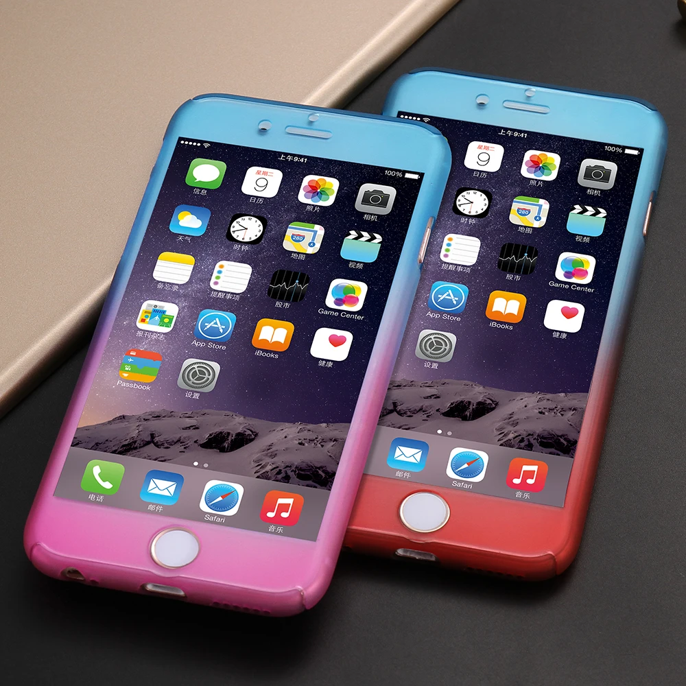 KISSCASE Colorful Gradient Case For iPhone 6 6s 7 Plus 360 Cover Front Hard Fundas Tempered Glass Capa |