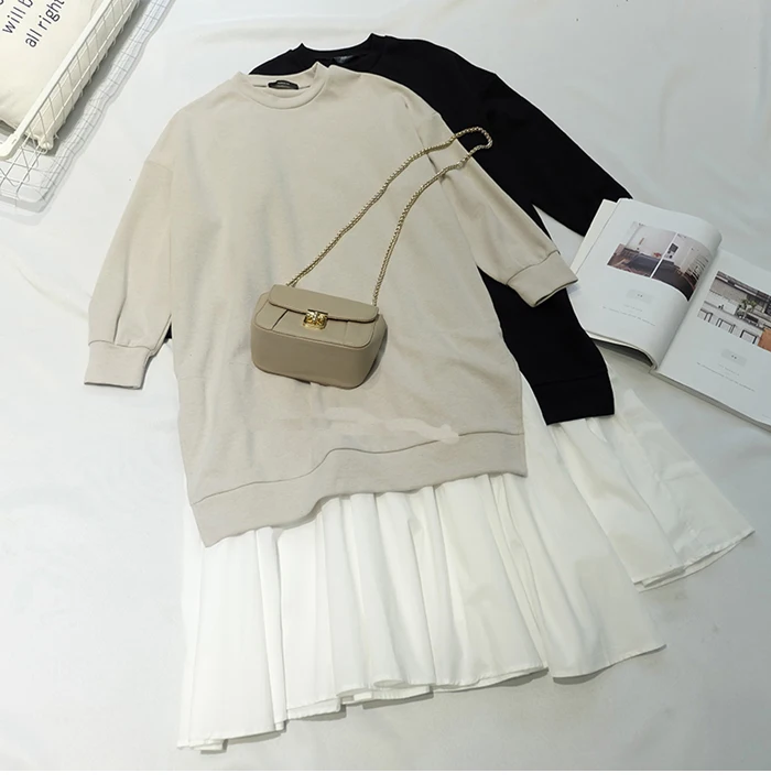 2021 plus size women's dress long lantern sleeve loose o-neck side split fleece patchwork chiffon female clothes | Женская одежда