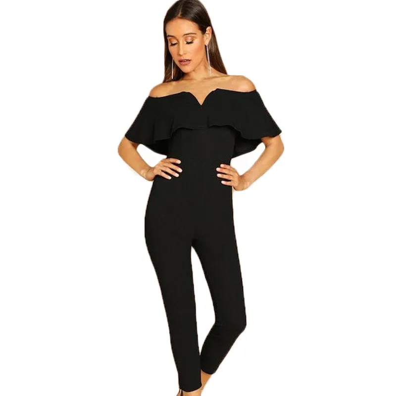 

Hot fashion summer women 2019 rompers jumpsuits Sexy Off shoulder Plunge V Ruffles Zipper Club casual slim playsuit trousers 2XL