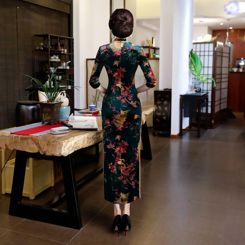 Женское китайское традиционное вечернее платье Cheongsam бархатное длинное