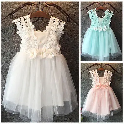 2019 Brand Baby Girls Dress Princess Party Lace Tulle Flower Gown Fancy Dridesmaid Mesh 3Colors Pink&ampBlue&ampWhite Kid | Детская