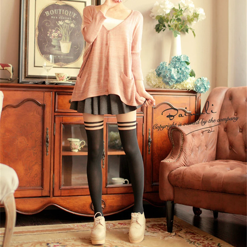 Breathable Bottoming Silk Thin Slim Tights 2019 Spring Striped Fake Thigh High Stockings Pantyhose Black Pantyhoses Hosiery | Женская