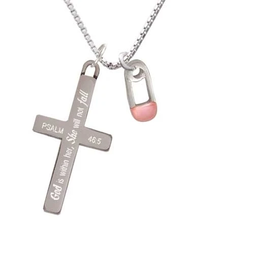 2-Sided Pink Baby Safety Pin - She will not Fall Cross Necklace | Украшения и аксессуары