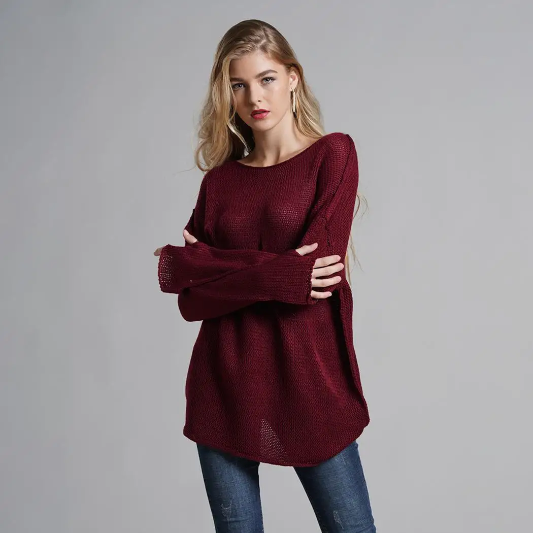 Women Casual O-Neck Long Sleeve Solid Autumn Winter Loose Pullover Dark Red Gray Black Blue Sweater | Женская одежда