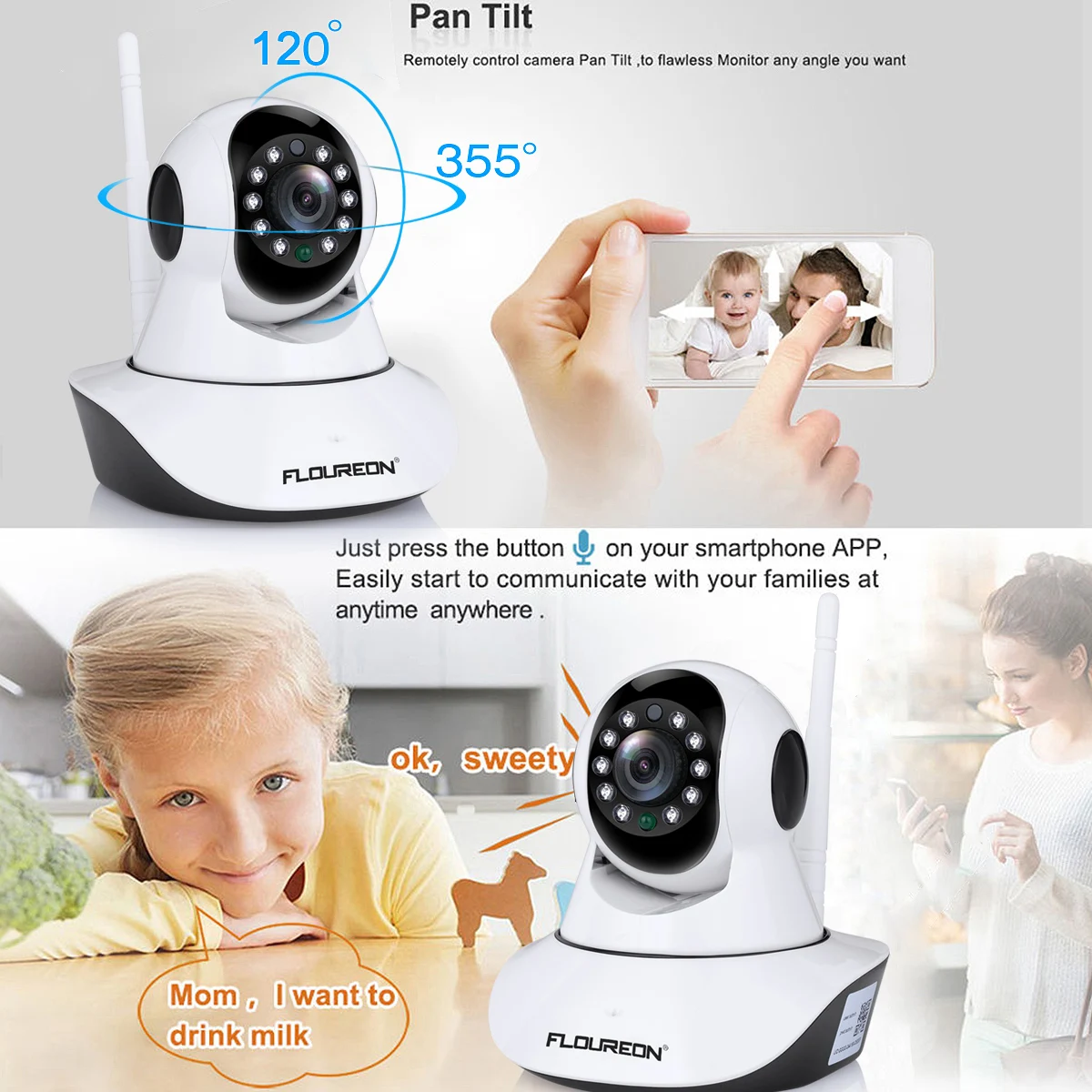 FLOUREON 720P HD Wifi беспроводная домашняя ip камера безопасности сетевая