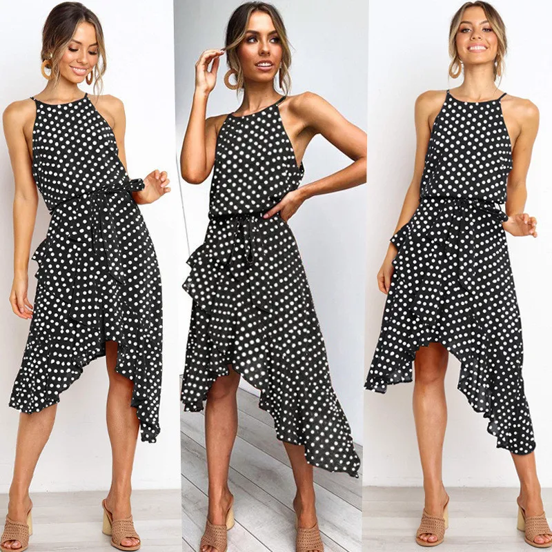 

Polka Dot Dress for Women Plus size Summer Sleeveless Halter Irregular Ruffles Sweet Girl Bandage Bow tie Dress Vestidos ez*