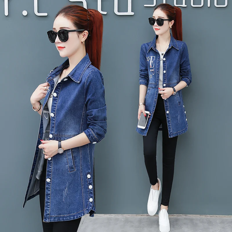 

Denim Jacket Female Spring Long Section Embroidery Lapels Long Sleeve Shirt 2019 Autumn Fashion Casual Women's Jacket 4XL P890