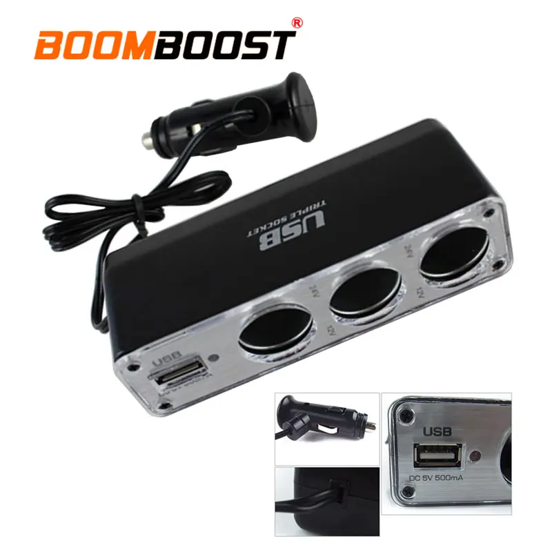 

Charger Power Adapter Plug DC 12V Car Cigarette Lighter 3 Way Auto Socket Splitter 12V Triple socket with one USB