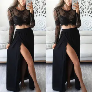 Сексуальное женское черное кружевное платье из 2 предметов, вечернее праздничное прозрачное короткое платье с длинным рукавом, женский костюм, комплект из двух предметов
