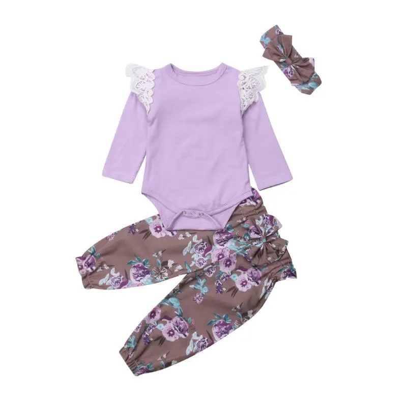 3Pcs Newborn Baby Girl Floral Clothing Sets Lace Tops Romper Bownot Pants Headband Autumn Cute Outfits Clothes | Детская одежда и