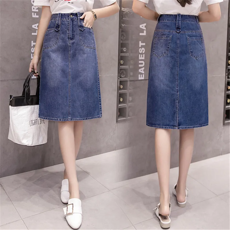 M 5XL большие джинсы женские юбки faldas mujer moda 2019 джинсовая юбка однотонная простая