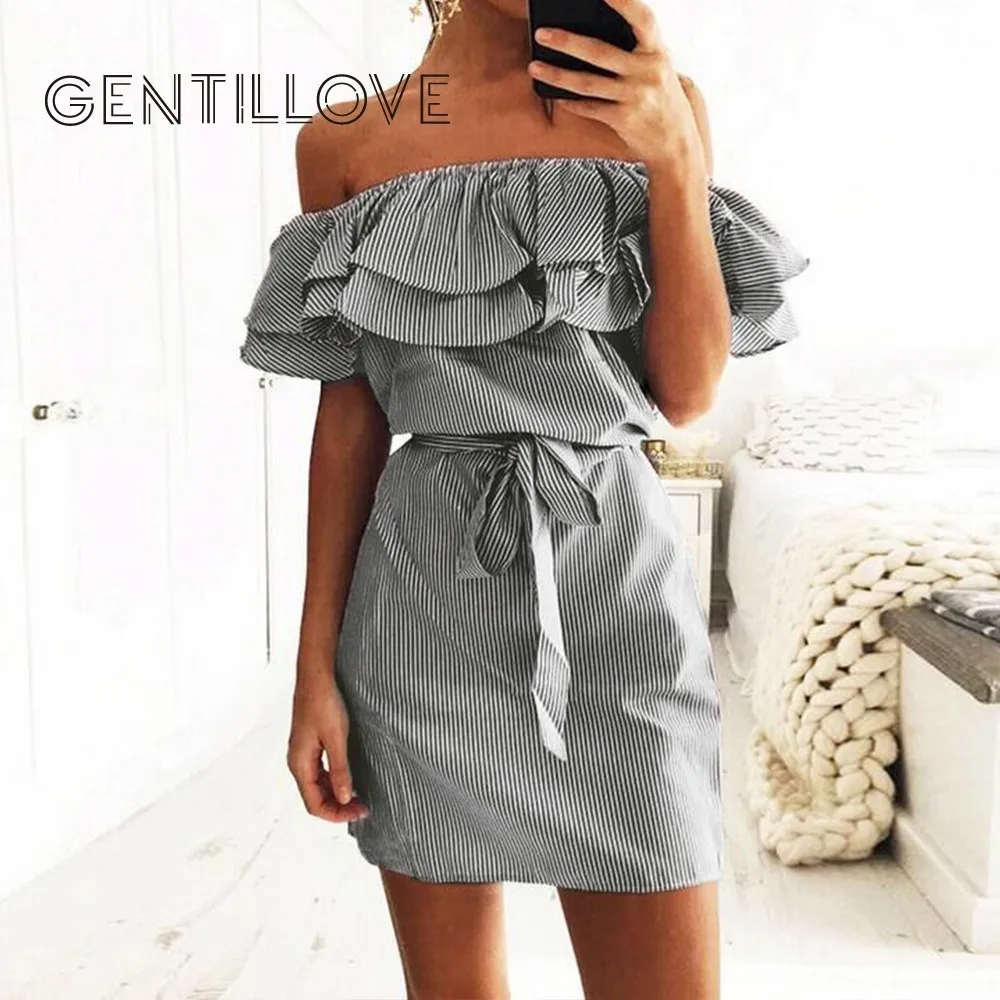 

Платье-мини Gentillove женское с открытыми плечами, повседневный облегающий пикантный сарафан в полоску с оборками, с поясом, лето 2019