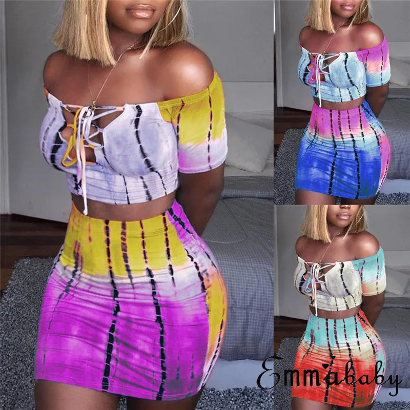 

Summer Fashion Women Set Sexy 2 Piece Contrast Color Bodycon Two Piece Off Shoulder Crop Top Skirts Lace Up High Waist Skirts