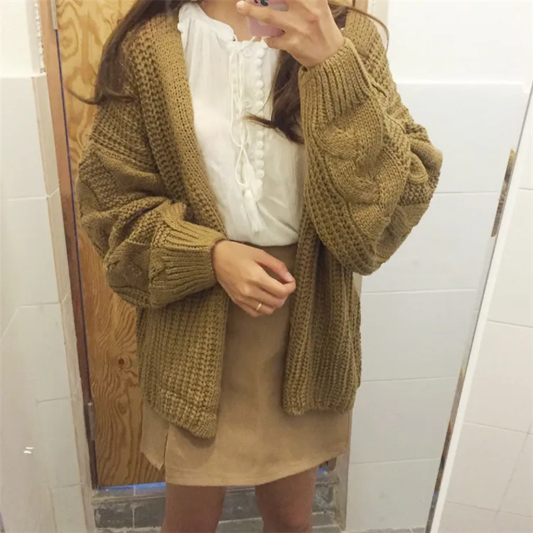 

Korean Harajuku Sweet Cardigan Sweaters Women Casual Solid Color Long Sleeve Knitwear Female Thick Chic Batwing Sleeve Sweater