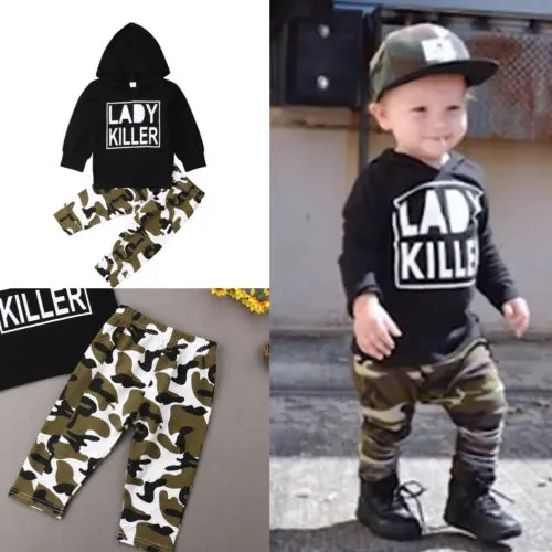2Pcs Set Toddler Sweatshirt Kids Baby Boys Clothes T-shirt Hooded Tops+Camo Long Pants Infant Casual Outfits |