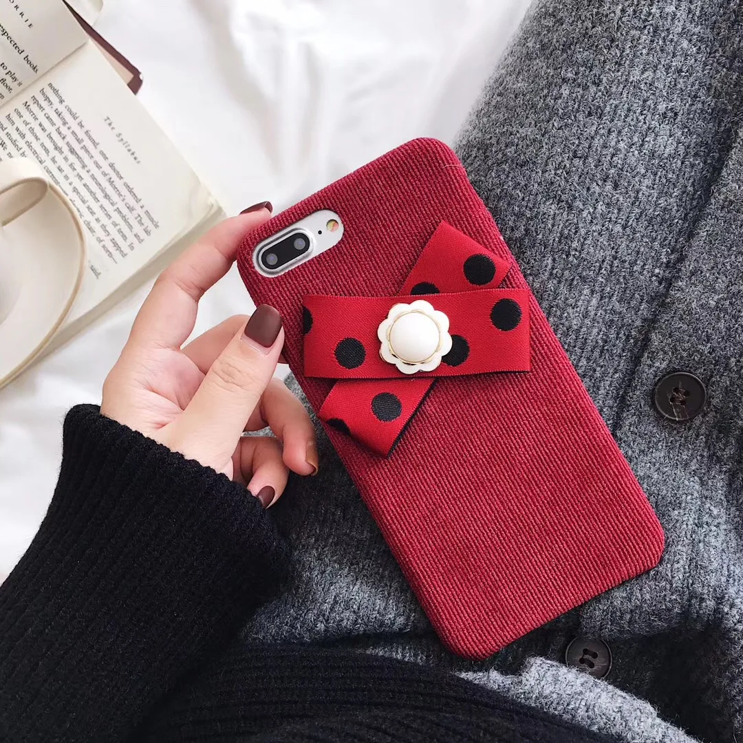 Autumn Winter Simple Corduroy Polka-dot Bow Mobile Phone Case for Iphone XR XS MAX Half-pack Back Cover 8 7 6 6splus Capa |