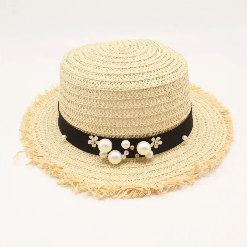 

Hot Sale flat Top Straw Hat Summer Spring Women's Trip Caps Leisure Pearl Beach Sun Hats Breathable Fashion