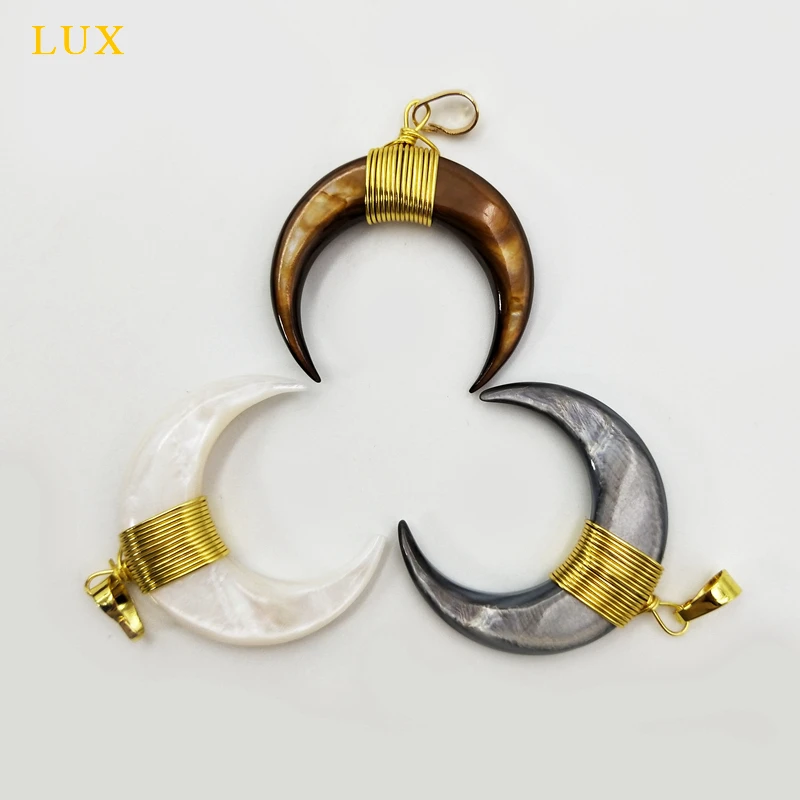Crescent Moon Pendants Double Horn Pendant With Electroplated Gold Edges Charms wire wrap natural shell jewelry | Украшения и